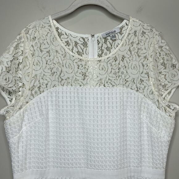 Kensie White Dress Size 14 Lace Top Tiered Pleated Ribbon Short Sleeves - Picture 5 of 14
